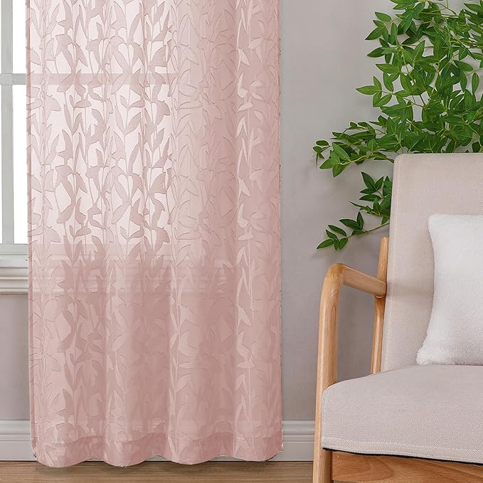 Lecloud Leia Clip Blush Pink Sheer Curtains 84 Inch Length 2 Panels, Jacquard Textured Leaf Light Filtering Voile Curtain for Girls Bedroom, Dual Rod Pockets Window Living Room Drapes, 38x84 Inch