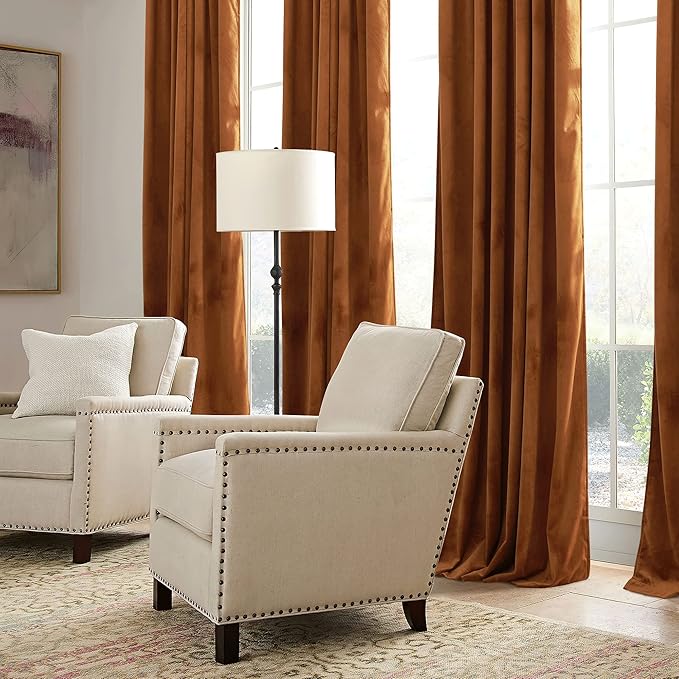 RYB HOME Fall Curtains Burnt Orange Velvet Curtains, Light Blocking, Thermal Insulated, Terracotta Luxury Window Treatment Privacy Backdrops for Bedroom Living Room, 52 inch x 84 inches, 2 Panels