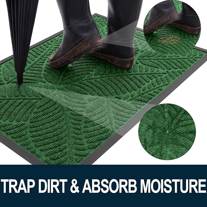 Colorxy Waterproof Doormat, Sturdy Natural Rubber Front Indoor Mat, Non Slip Low Profile Indoor Outdoor Door Mats, Stain and Fade Resistant Floor Mat, Easy Clean Patio Entrance Mat, 30''x17'', Green