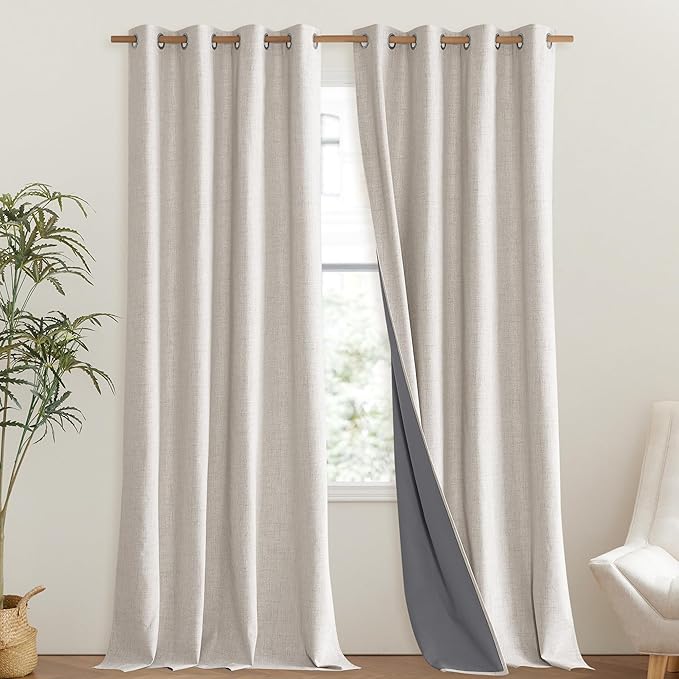 NICETOWN Brich Vintage Open Linen Weave Flax Thermal Curtains, 100% Blackout Curtains 120" Long for Dining Room, Soundproof Window Treatment Drapes for Hall Room, 52" Wide Per Panel, Set of 2