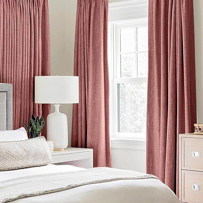 MIULEE 100% Blackout Linen Textured Curtains for Bedroom Solid Thermal Insulated Dusty Rose Grommet Room Darkening Curtains & Drapes Luxury Decor for Living Room Nursery 52 x 45 Inch (2 Panels)