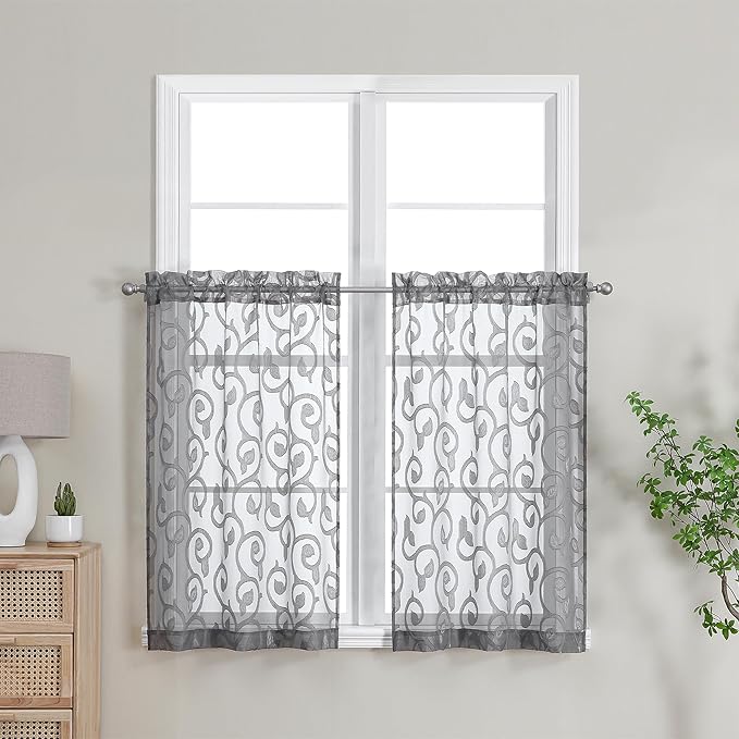 OWENIE Furman Charcoal Gray Kitchen Curtains Tiers 36 inch Length, Light Filtering Soft Airy Clear Cafe Curtain for Living Room Bedroom Farmhouse Small Windows Half Curtains, 2 Pcs, Each 40Wx36L inch