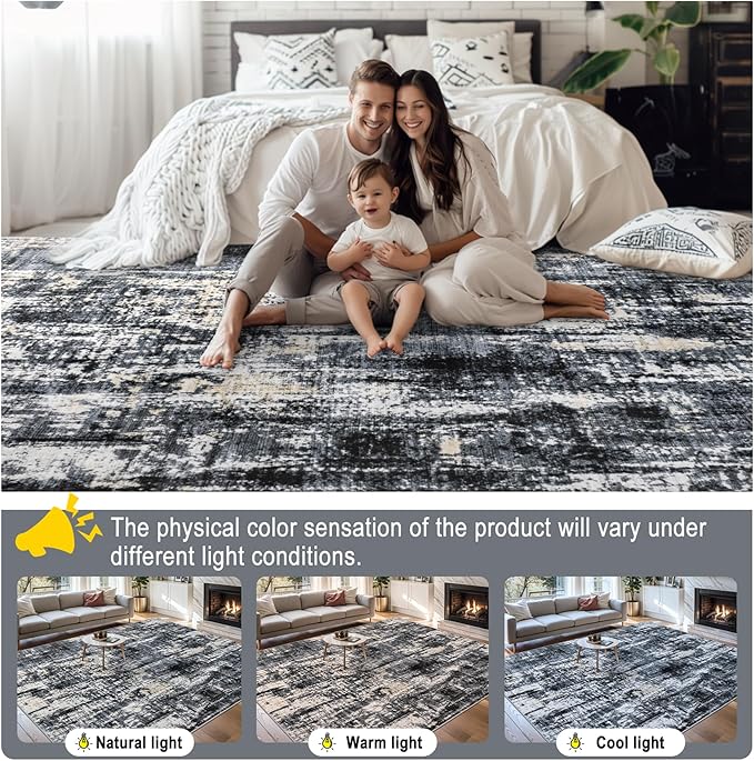 Area Rugs Living Room Rug - 4x6 Washable Modern Abstract Soft Neutral Non-Slip Carpet Large Indoor Floor Thin Carpets for Bedroom Dining Room Farmhouse Nursery Home Office Black Gold