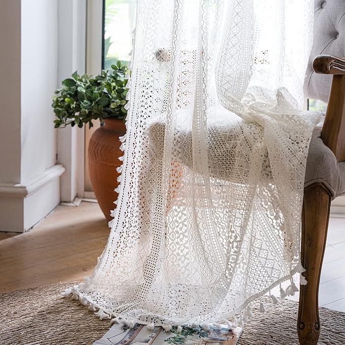 WAZZIO Boho Lace Curtains 63 Inches 2 Panel,Light Filtering Privacy Tassel & Geometry Crochet Semi Sheer Curtain Drapes for Bedroom Living Dining Room,Rod Pocket & Tassel,Victorian Decor,Off White