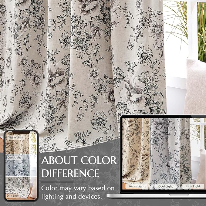 jinchan Blackout Floral Curtains for Living Room Bedroom Linen Blend Curtain Farmhouse Black Printed with Lined Back Tab Rod Pocket Drapes Window Treatments 2 Panels 120 Inch