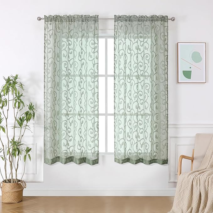 OWENIE Sage Green Sheer Curtains 63 inch Length for Bedroom Living Room 2 Panels Set, Jacquard Clip Textured Semi Sheer Curtains, Light Filtering Rod Pocket Farmhouse Window Treatments, 40Wx63L inch