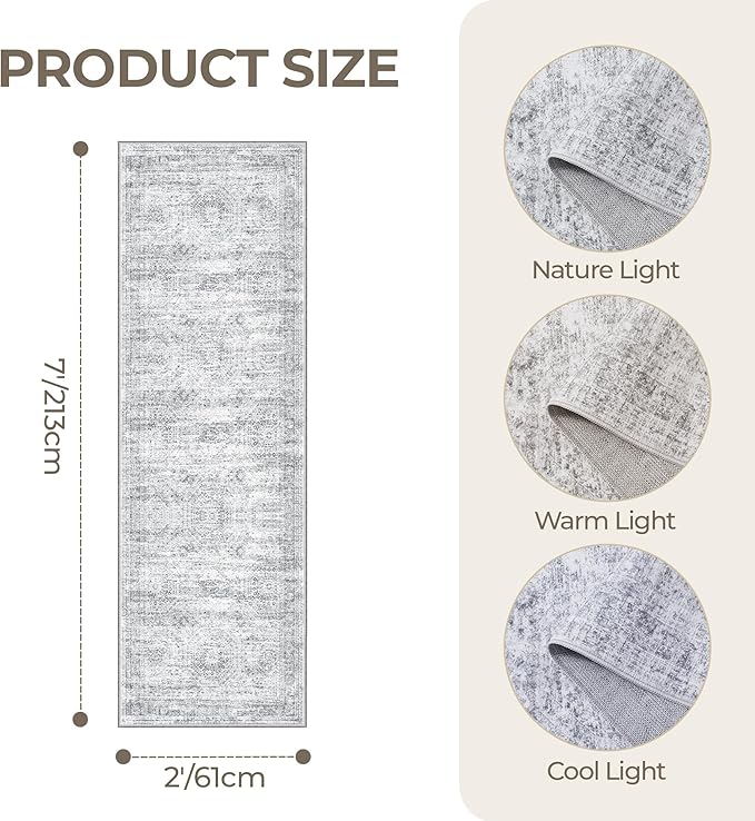 2x7 Runner Rug Non Slip, Thin Entryway Washable Rug for Entryway, Runners for Hallways, Low Pile Vintage Abstract Soft Rugs for Living Room, Kitchen, Bedroom(2'x7', Grey/Ivory)