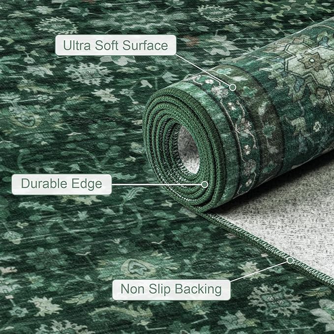 5x7 Area Rugs Living Room Rug: Washable Vintage Distressed Floral Rug No Slip Stain Resistant Soft Carpet Indoor Large Carpets for Bedroom Dining Room Farmhouse Nursery Hallway Home Office Deep Green