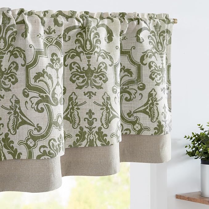 jinchan Linen Valance Curtain for Kitchen Vintage Damask Floral Blackout Valance Double Layer Small Window Curtain for Living Room Bedroom Bathroom 18 Inch Rod Pocket 1 Panel Sage Green on Beige