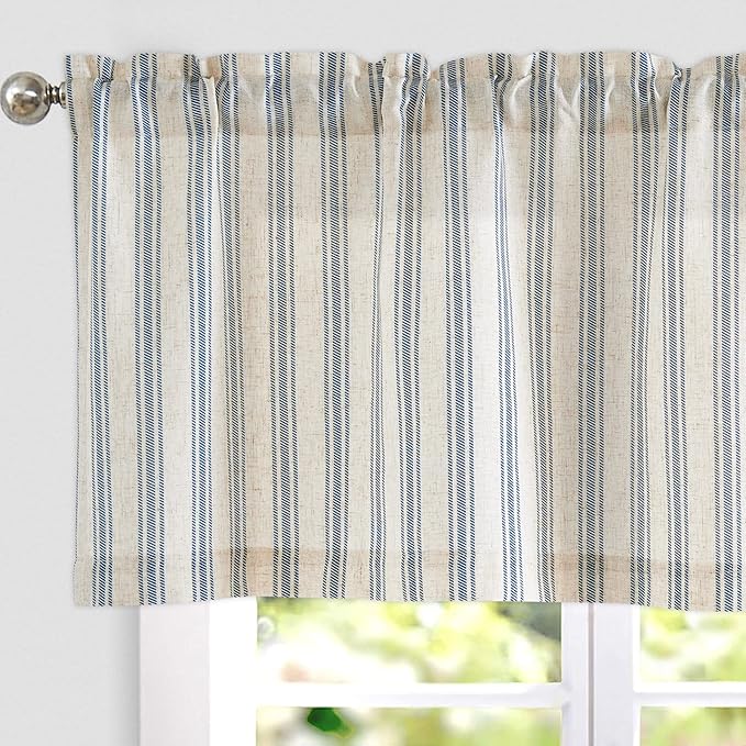 jinchan Striped Valance Farmhouse Window Treatment Linen Textured Drapes for Small Windows Kitchen Living Room RV Vintage Light Filtering Valance 16 Inch Rod Pocket 1 Panel Blue on Linen