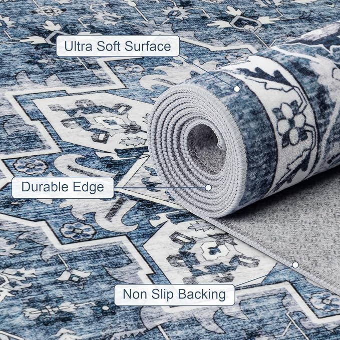 Area Rugs 10x12 Living Room Rug: Washable Rug Soft Vintage Boho Medallion Carpet Indoor Floor Non-Slip Stain Resistant Large Carpets for Bedroom Dining Room Farmhouse Nursery Home Office Blue