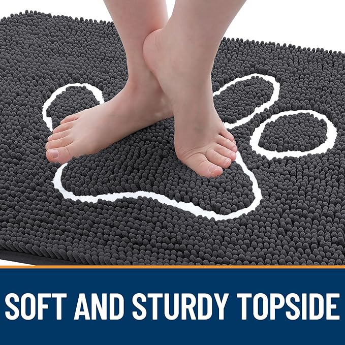 OLANLY Dog Door Mat for Muddy Paws 45x27, Paw Print Design, Absorbs Moisture and Dirt, Absorbent Non-Slip Washable Doormat, Quick Dry Chenille Mud Mat for Dogs, Entry Indoor Entryway Carpet, Dark Grey