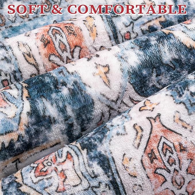 SERISSA Boho Rugs for Entryway, 2x3 Entryway Rug Non-Slip Washable Small Area Rug, Ultra Soft Oriental Vintage Low-Pile Indoor Door Mat Blue Orange Floor Carpet for Entrance Bedroom Kitchen Bathroom