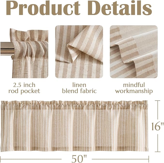 jinchan Valance Curtain Linen Textured Striped Window Curtain for Living Room Light Filtering Farmhouse Valance for Kitchen Rod Pocket 1 Panel 16 Inch Tan on Linen 1 Panel