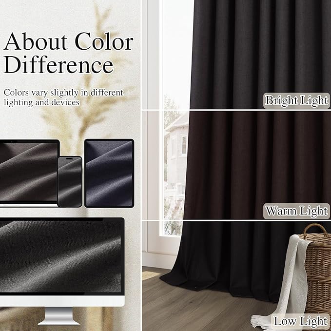 Guken Black 100% Blackout Linen Curtains 72 Inch Length 2 Panels Set for Living Room Bedroom Back Tab Thermal Insulated 100% Black Out Drapes Room Darkening Window Curtains 72 Inches Long