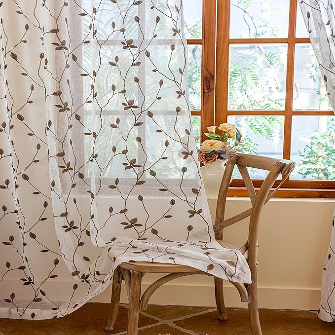 AmHoo 2 Panels Embroidered Leaf Pattern Semi Sheer Curtains Foliage Floral Voile Window Draperies Treatment for Bedroom Living Room Rod Pocket White Brown 53 x 84 Inch