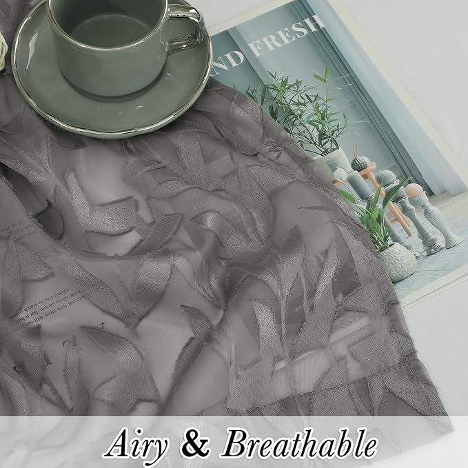 Lecloud Leia Charcoal Grey Sheer Curtains 63 Inch Length 2 Panels, Rustic Light Filtering Privacy Voile Leaf Aesthetic Curtain, Dual Rod Pockets Drapes for Living Room Dining Room, Each 42" W x 63" L