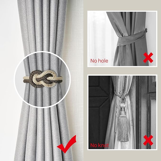 NICEEC 4 Pack Mini Magnetic Curtain Tiebacks Nordic Simple Style Drape Tie Backs Elegant Hand Weave Rope Knot Decorative Curtain Holdbacks for Home & Office Thin Window Drapery (Coffee & Beige)