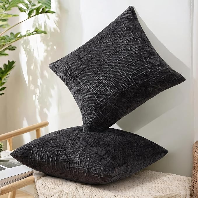 decorUhome Black Chenille Throw Pillow Covers 16x16 Set of 2 Textured Soft Cozy Slubby Couch Pillow Covers Modern Farmhouse Boho Decorative Pillow Cases for Bed Sofa Living Room