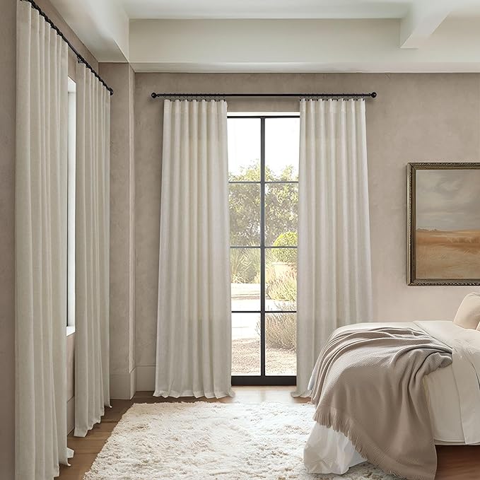 Pitalk Beige Sheer Curtains for Living Room 100 Inches Long 2 Panels Rod Pocket Tab Semi Transparent Curtains Boho Farmhouse Mid Century Country Western Linen Drapes Ceiling to Floor 52 x 100 Length