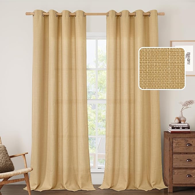 LAMIT Linen Curtains 90 Inch for Bedroom, Grommet Thick Linen Textured Sheer Curtains Light Filtering Privacy Burlap Drapes for Living Room, Set of 2 Panels, 52 x 90 Inch, Caramel Brown