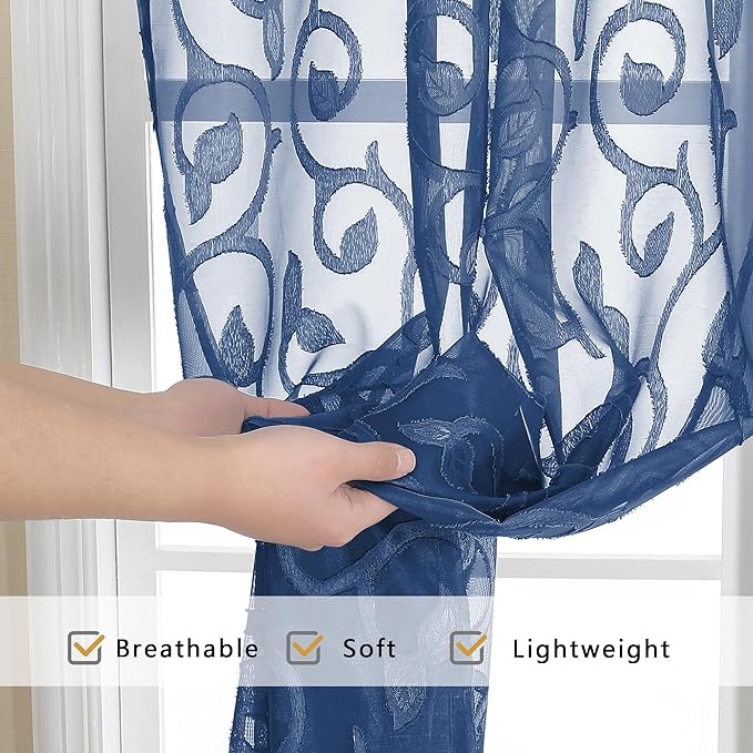 OWENIE Furman Blue Sheer Curtains 84 inches Long for Bedroom Living Room 2 Panels Set, Jacquard Clip Light Filtering Semi Sheer Curtain Rod Pocket Window Drapes, 2 Pcs Each 40 W 84 L