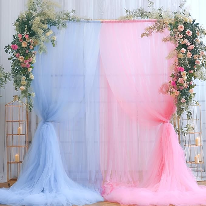 Pink and Blue Tulle Backdrop Curtains for Gender Reveal Girl and Boy Party Sheer Backdrop Drapes for Baby Shower Birthday Party Photoshoot Background Decorations 2 Panels 5ft X 10 ft