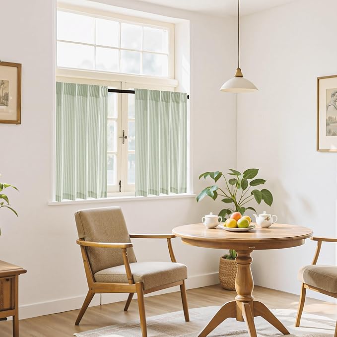 RYB HOME Linen Kitchen Striped Curtains for Cafe Bathroom Small Window, Short Pinstripe Drapes 36 inch Length Half Curtains for Living Room Boho Rustic Farmhouse, Sage Green, W26 x L36, 2 Panels