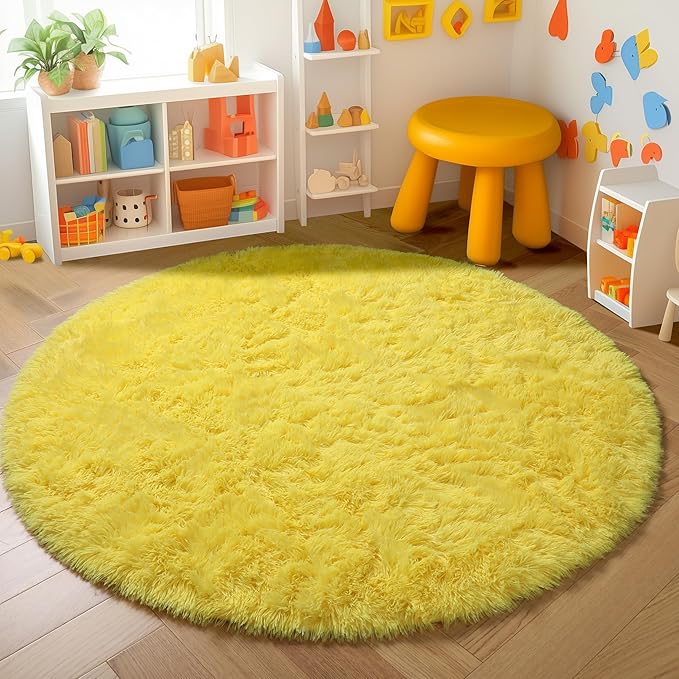 Amdrebio Yellow Round Circle Area Rug 5Ft for Bedroom Living Room, Fluffy Fuzzy Plush Rugs for Kids Room Decor Aesthetic, Cute Furry Shag Kawaii Circular Carpet for Classroom Nursery Teen Girls Boys