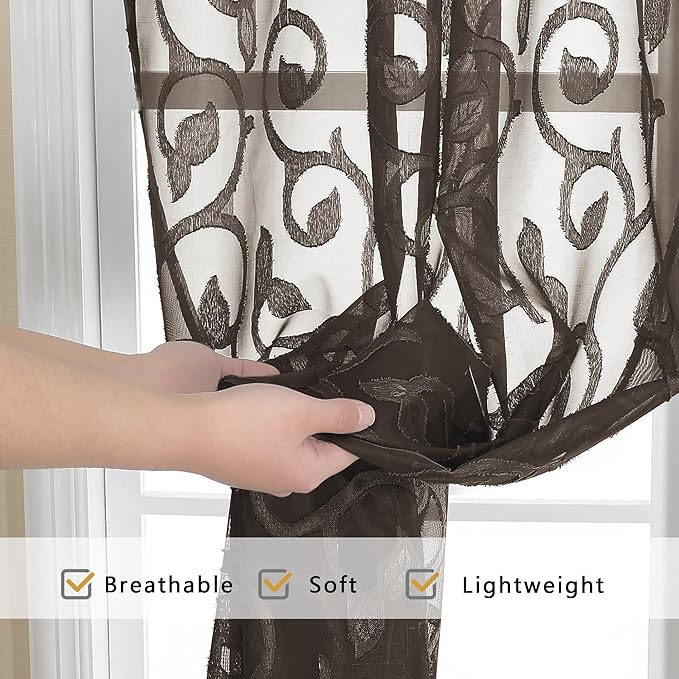 OWENIE Furman Chocolate Sheer Curtains 72 inches Long for Bedroom Living Room 2 Panels Set, Light Filtering Sheer Door Curtains with Elegant Clip Jacquard Rod Pocket Curtains, 2 Pcs = 80" Width