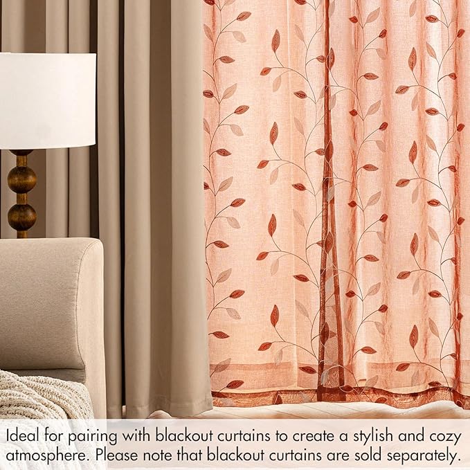 MIULEE Burnt Orange Sheer Curtains 2 Panels Embroidered Leaf Patterned Rod Pocket Floral Semi Faux Linen Window Fall Curtains Drapes Set for Living Room Bedroom Dining Room, 52x96 Inches Long