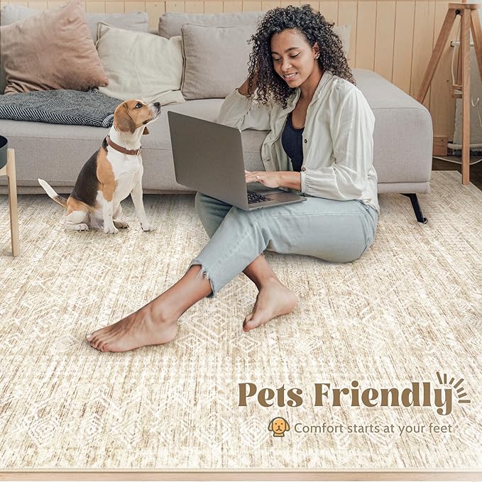 6x9 Area Rugs for Living Room: Washable Moroccan Geometric Boho Rug Farmhouse Non Slip Stain Resistant Large Rug Low Pile Soft Carpet for Bedroom Dining Room Home Office Children Room (Beige,6'x9')