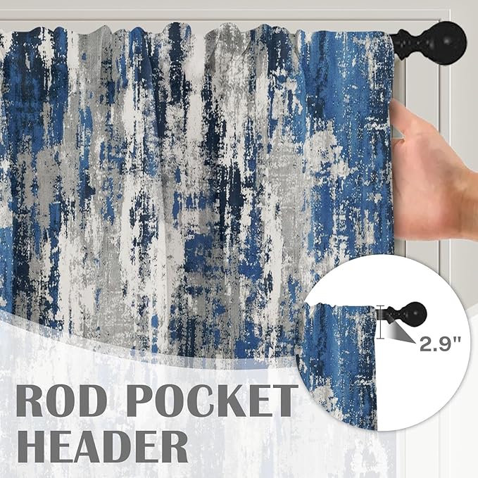 Emvency 4 Pack Valances Window Treatments, Abstract Modern Blue Grey Rustic Navy Drapes Adjustable Curtain for Windows Living Room Kitchen Over Sink, 52x18 Inch Rod Pocket Valances