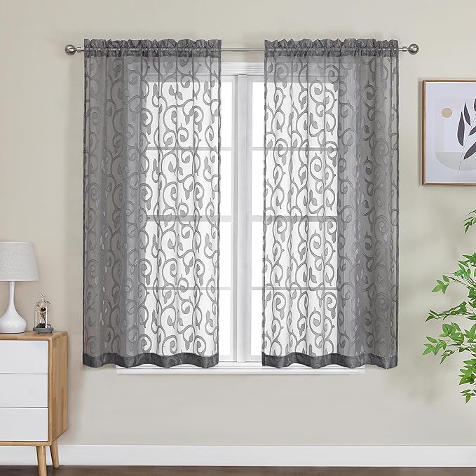 OWENIE Furman Sheer Curtains 45 Inch Long 2 Panels Set, Airy Jacquard Clip Short Voile Curtains for Kitchen Dinning Room Small Windows Bedroom Living Room, Top Dual Rod Pocket, Grey, 28Wx45L inch