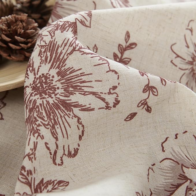 jinchan Linen Blend Curtain Floral Curtains for Living Room 90 Inch Length Farmhouse Brick Red Printed Curtain Rod Pocket Back Tab Peony Flower Patterned Drapes Curtains Set 2 Panels