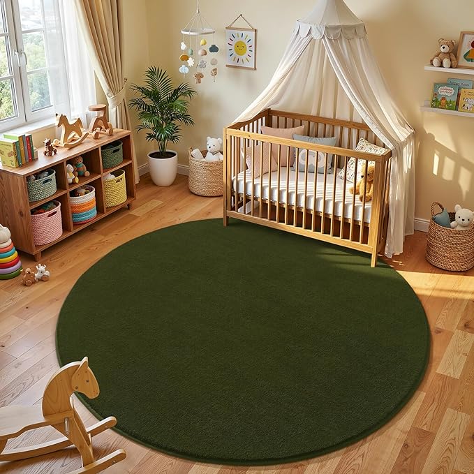 Amearea Olive Green Round Area Rugs 5ft Washable Circle Rugs for Bedroom Living Room, Fluffy Indoor Thickened Memory Foam Rug, Non Slip Minimalist Circular Carpet for Kids Boy Girl Dorm Nursery Room