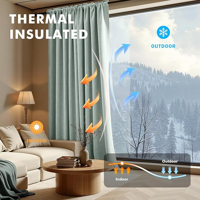MIULEE 100% Blackout Linen Curtains for Bedroom, Seafoam Green Solid Luxury Decor Thermal Insulation Room Darkening Drapes for Living Room Nursery Back Tab Rod Pocket 42 x 72 Inches, 2 Panels