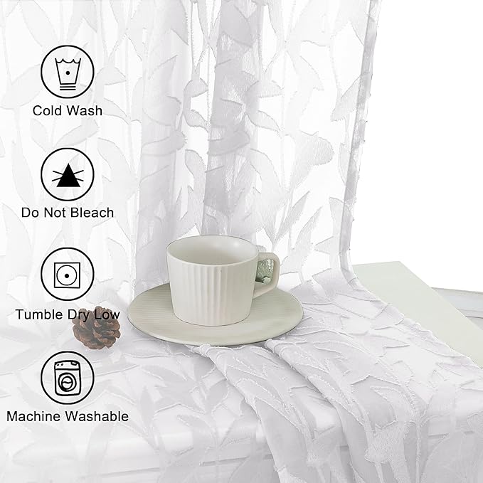 Lecloud Leia White Sheer Curtains 90 Inches Long 2 Panels, Airy Voile Jacquard Leaf Textured Curtains, Light-Filtering Farmhouse Rod Pockets Curtain Drapes for Bedroom Living Room, 52" W x 90" L