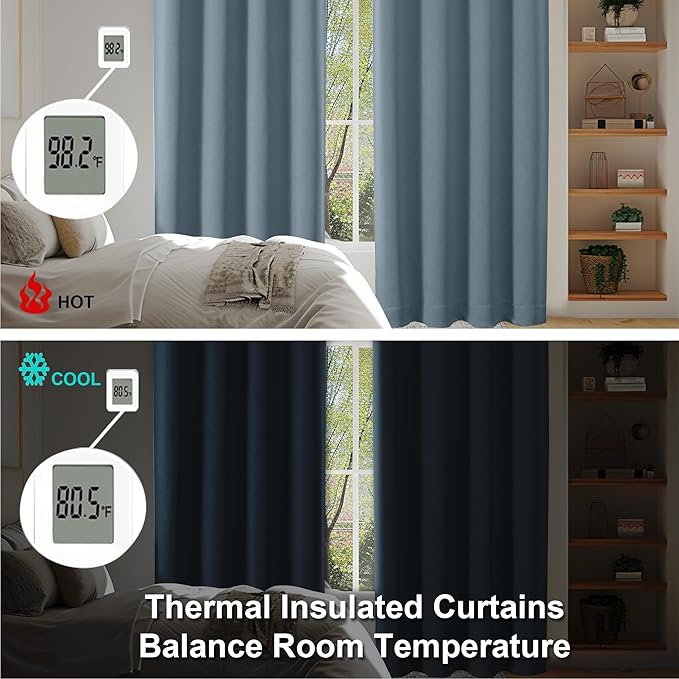 Simplebrand Ava Stone Blue Short Blackout Curtains for Bedroom 45 Inches Long 2 Panels Set, Solid Thermal Insulated, Energy Saving Window Treatment Curtains Blackout Drapes, W40 x L45 Inch, Stone Blue