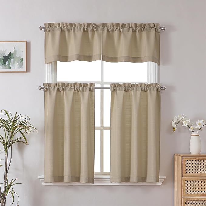 Chyhomenyc Camel Short Curtain Valance for Windows, Faux Linen Textured Half Window Curtains, Burlap Solid Topper Small Curtain Valance for Bathroom Laundry Basement, 60Wx18L Inch, 1 Piece