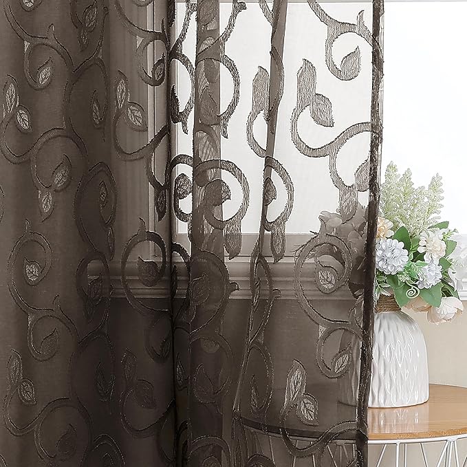 OWENIE Furman Chocolate Sheer Curtains 96 inches Long for Bedroom Living Room 2 Panels Set, Light Filtering Sheer Curtain with Elegant Clip Jacquard, Rod Pocket Window Treatments, 2 Pcs = 80" Width