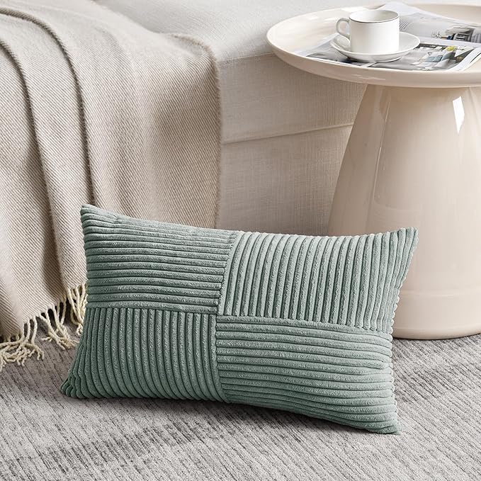 Fancy Homi 2 Packs Grey Blue Lumbar Decorative Throw Pillow Covers 16x28 Inch for Living Room Couch Bed, Rustic Farmhouse Boho Home Decor, Soft Striped Corduroy Rectangle Accent Cushion Case 40x70 cm