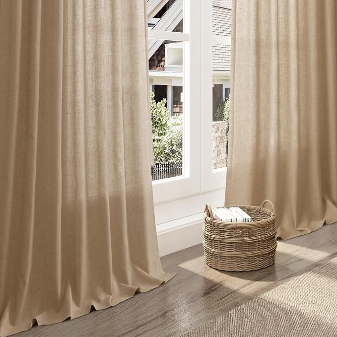 Sand Beige Linen 112 Inch Curtains for Living Room Simple Modern Light Filtering Semi Sheer Curtain Back Tab Rustic Luxury Home Decor Drapes Floor to Ceiling High Window for Bedroom 52x112, 2 Panels