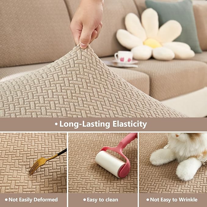 Couch Cushion Covers for Sofa Couch Covers Wear-Resistant Universal Sofa Cover Washable Stretch for Sectional Slipcovers (Texture-Light Coffee,Large Double Seat Cover)