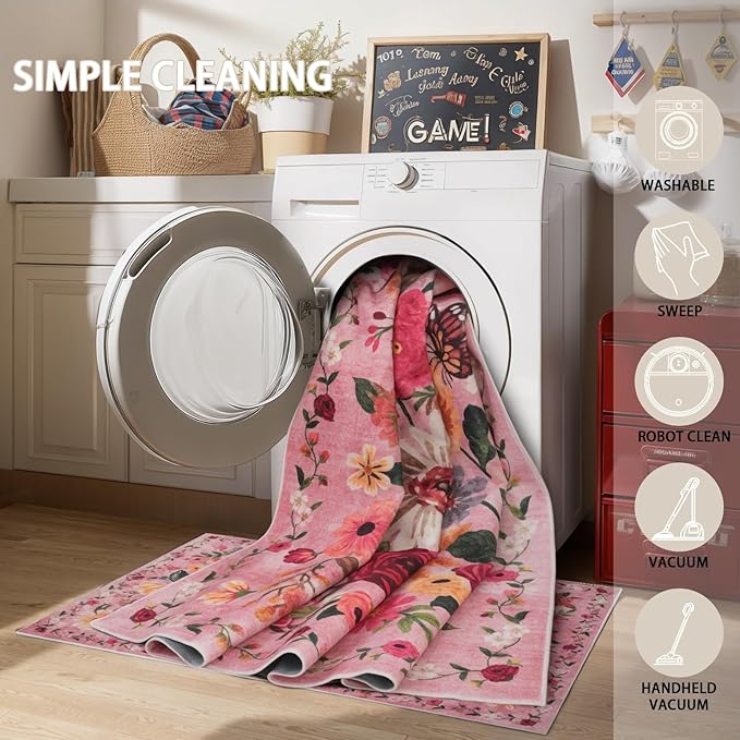 Pink Floral Hallway Runner Carpet Non-Slip, 2x10 Washable Rug Ultra-Thin Soft for Hallways, Kitchen Mat Stain Resistant for Entryway Bathroom (2 x 10, Pink Garden)