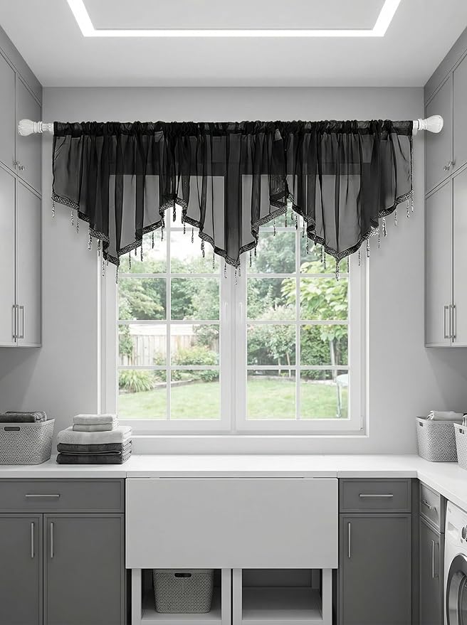Molaxhome Swag Curtain 51 inch Length Rod Pocket Scalloped Curtain Valance Sheer Lace Panels with Hanging Crystal Beads for Kitchen Bedroom Window Treatments Drape Decor 1pc (Black, 51Wx23L)