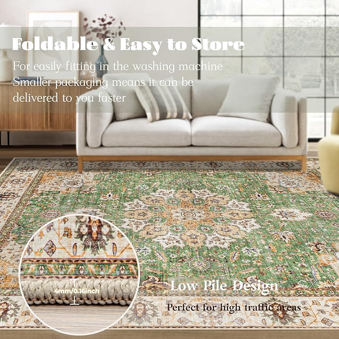 Area Rug 5x7 Washable Rug, Vintage Boho Medallion Rugs Non-Slip Soft Low Pile Large Distressed Rug Indoor Retro Carpet for Living Room Bedroom Dining Room Home Office (Vintage Green, 5'x7')