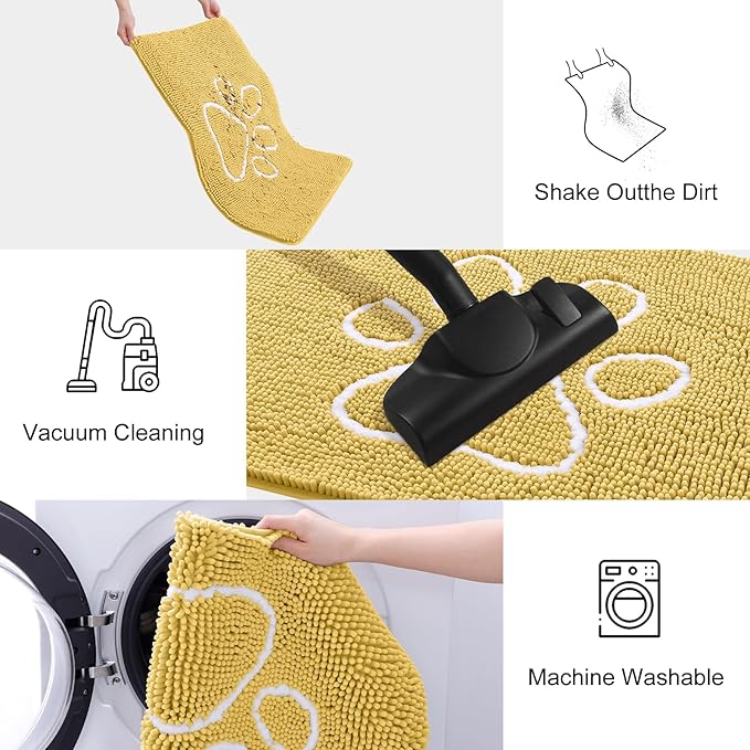 Smiry Dog Door Mat for Muddy Paws, Absorbent Dirt Trapper Non Slip Quick Dry Washable Chenille Mat for Mud Dogs, Entry Rug for Indoor and Outdoor (48x30 Inches, Yellow and White)