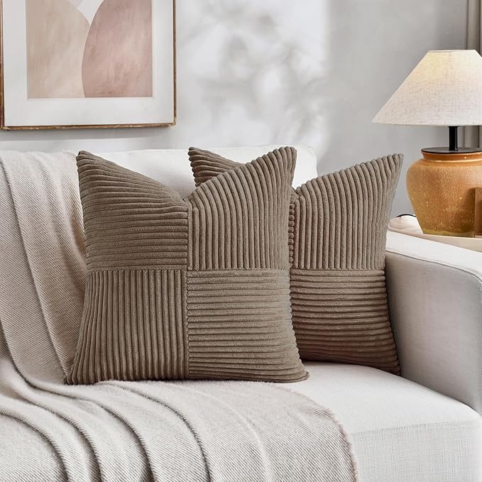 Fancy Homi Set of 2, Light Brown Patchwork Corduroy Decorative Soft Striped Modern Accent Cushion Case Farmhouse Boho Neutral Throw Pillow Covers for Chair Couch Bed Sofa Living Room 28x28 Inch