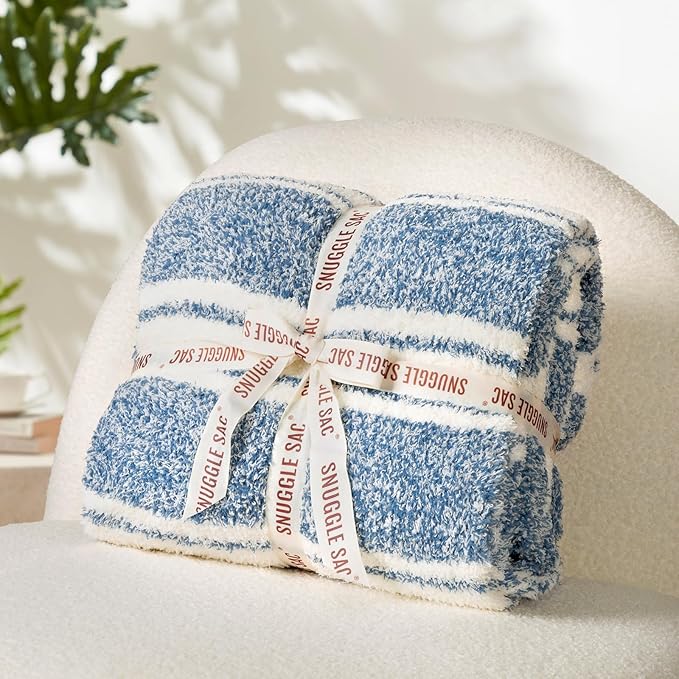 Snuggle Sac Stripe Blue Blankets Luxurious Microfiber Fabric, Reversible Super Soft Bedding Blankets Warm Cozy Knit Fuzzy Plush Blanket for Bed,Couch,Sofa,Living Room, Blue Stripe,60x80 inches